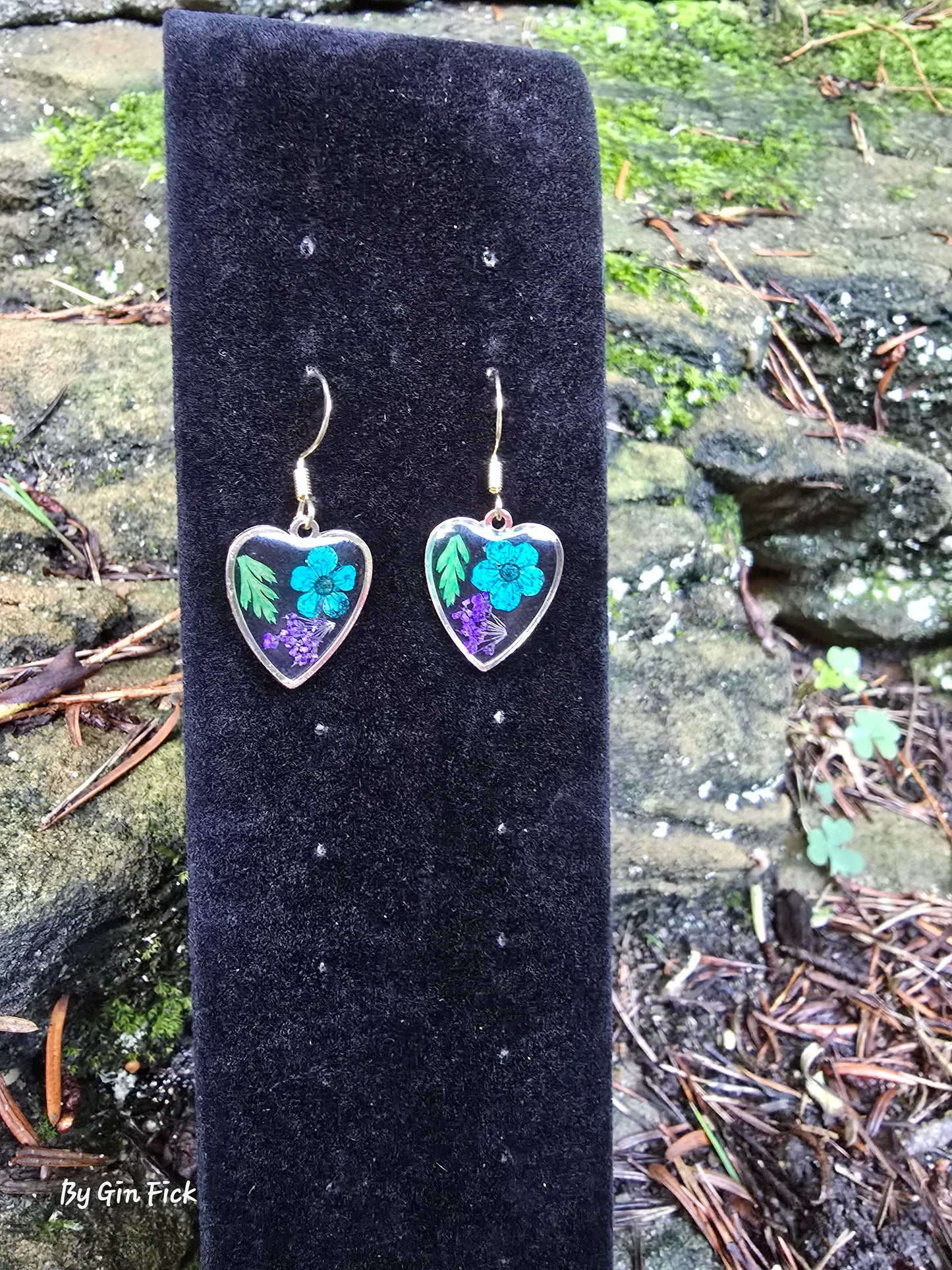 Resin Heart Charm Earrings with flowers