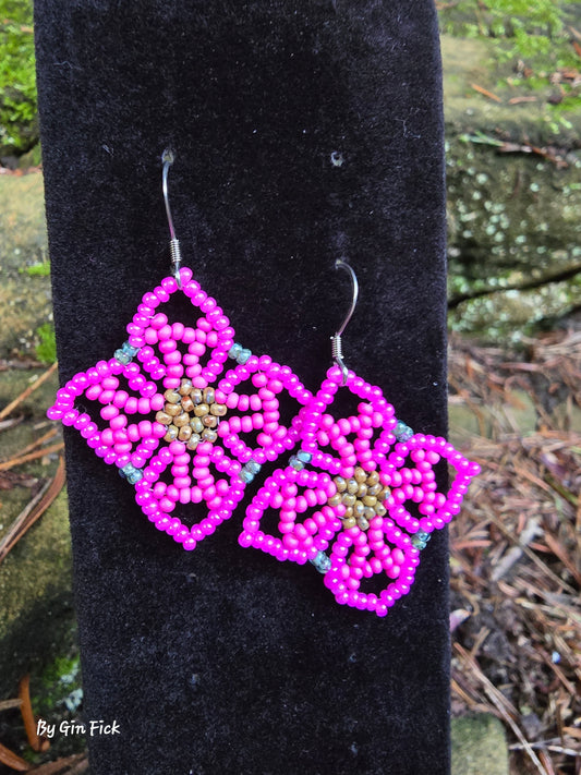 Hot Pink with Electric Pink 4 Petal Flower Earrings