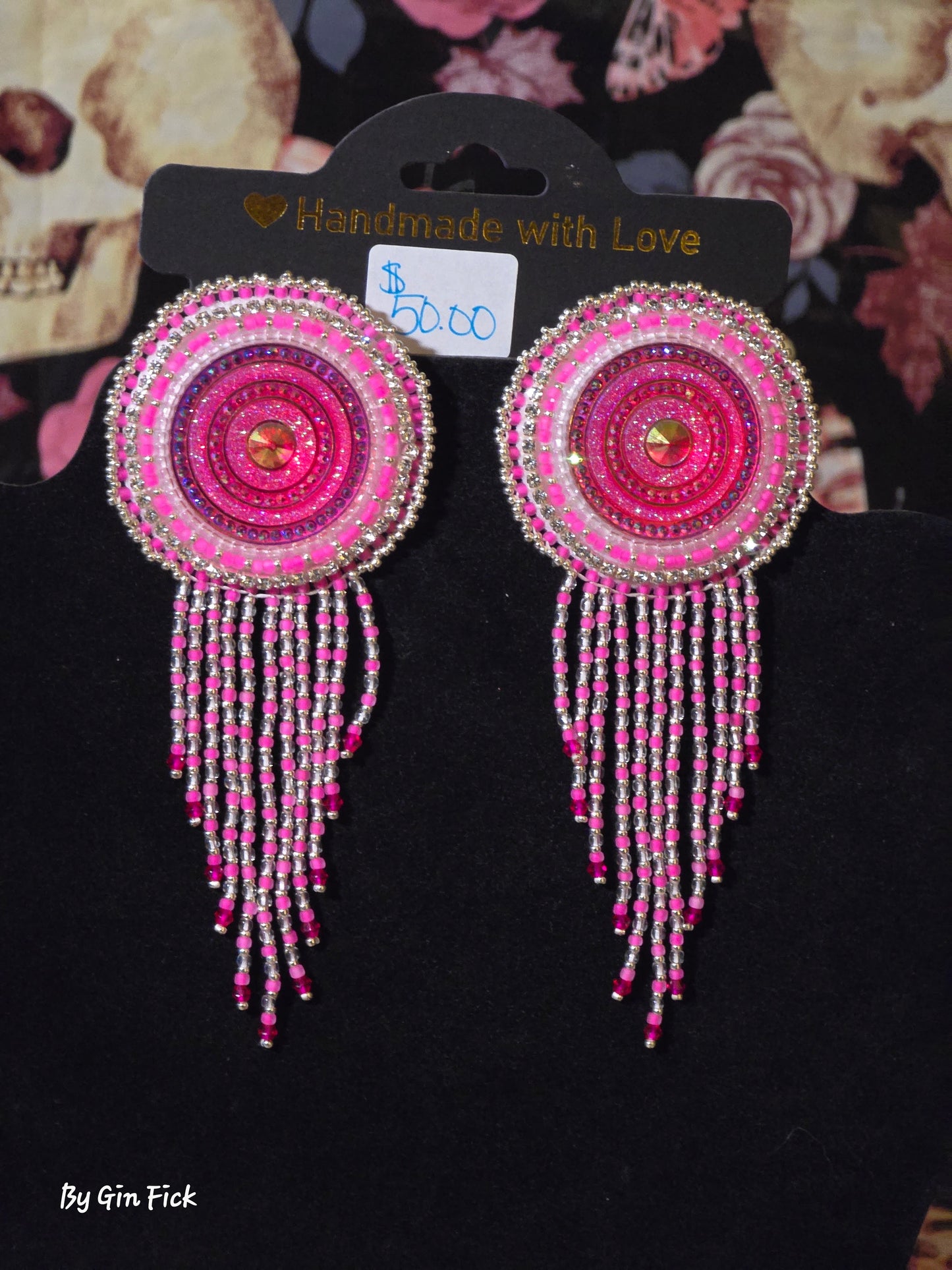 2" Pink Disc with Fringe Earrings