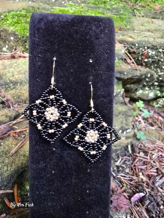 Black and Gold 4 Petal Flower Earrings