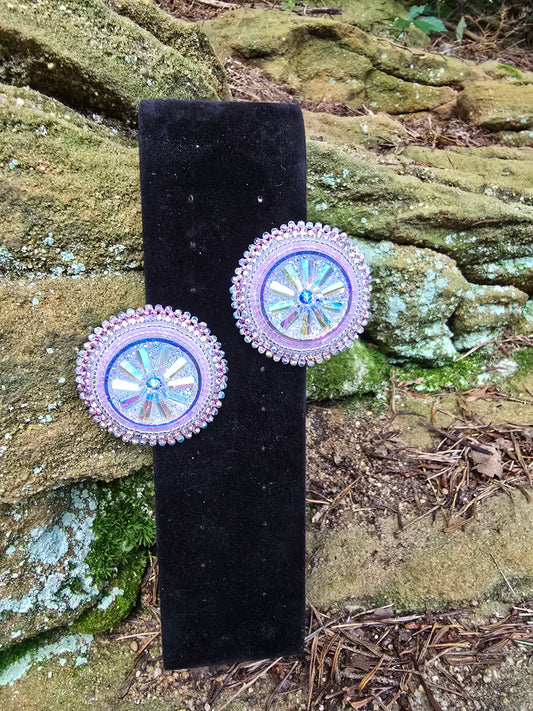 Beaded  Round AB(iridescent)earrings with Pink on silver fingernail post