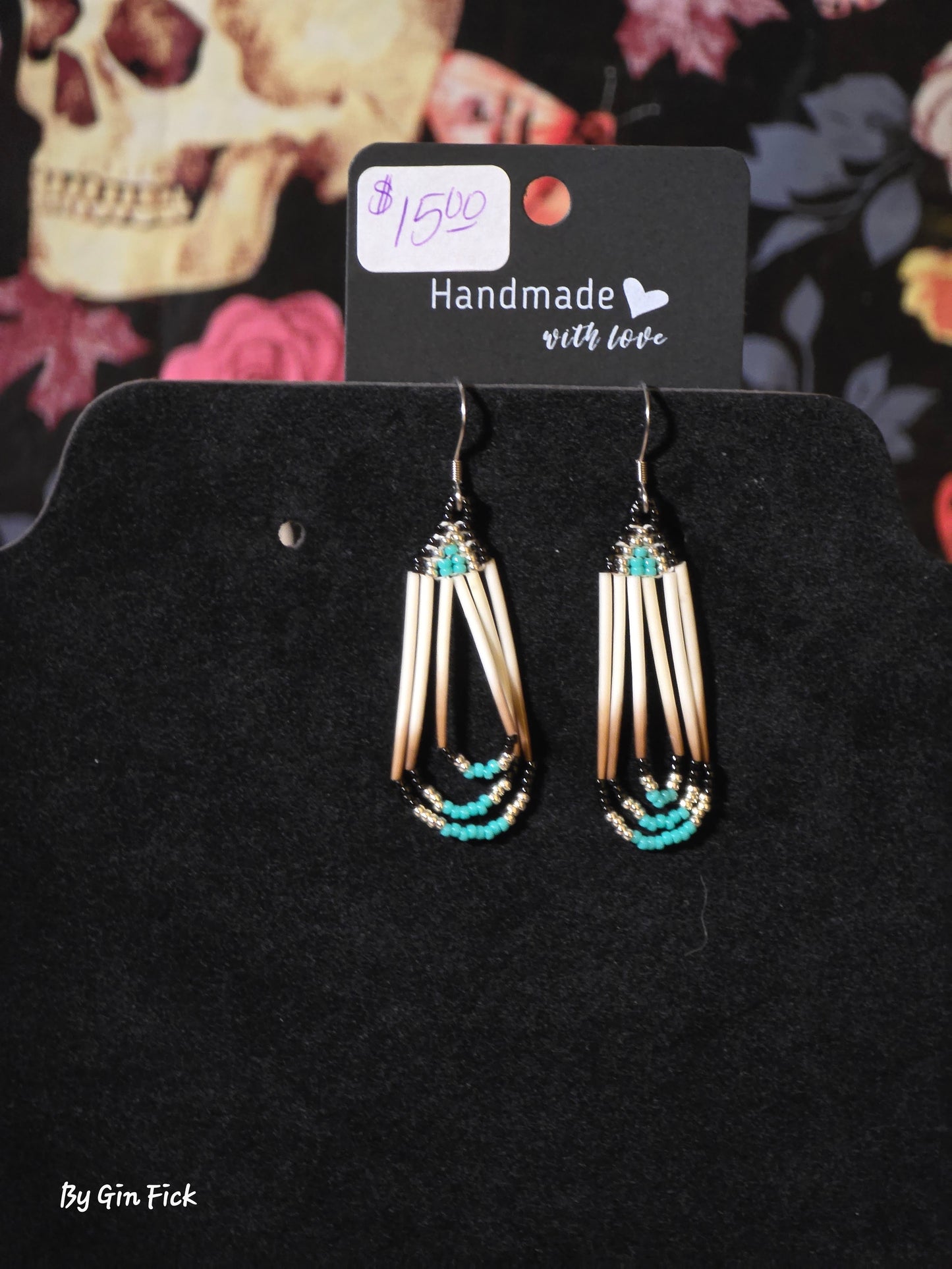 American Porcupine Quill Beaded Earrings Turquoise,  Silver, and Black