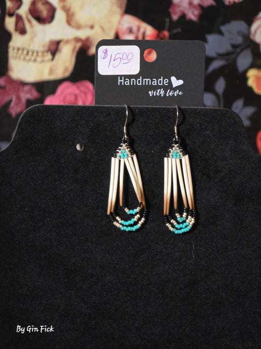 American Porcupine Quill Beaded Earrings Turquoise,  Silver, and Black